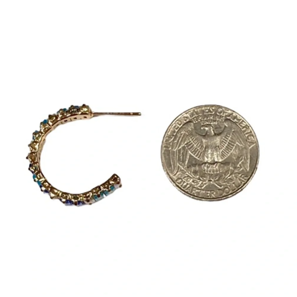 Radiant Blue & Iridescent Baguette Crystals C Shaped Gold Toned Hoop Earrings - Picture 4 of 5